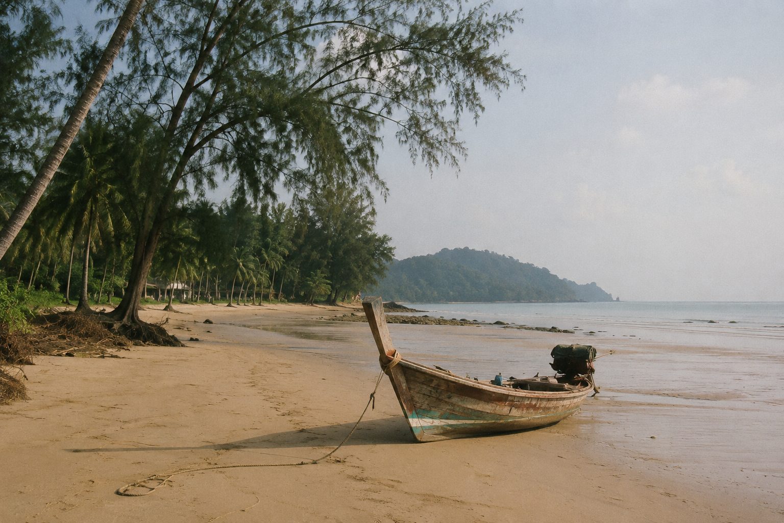 Longtail-Boot am Strand von Khao Lak an einem dunstigen Morgen, Phang Nga